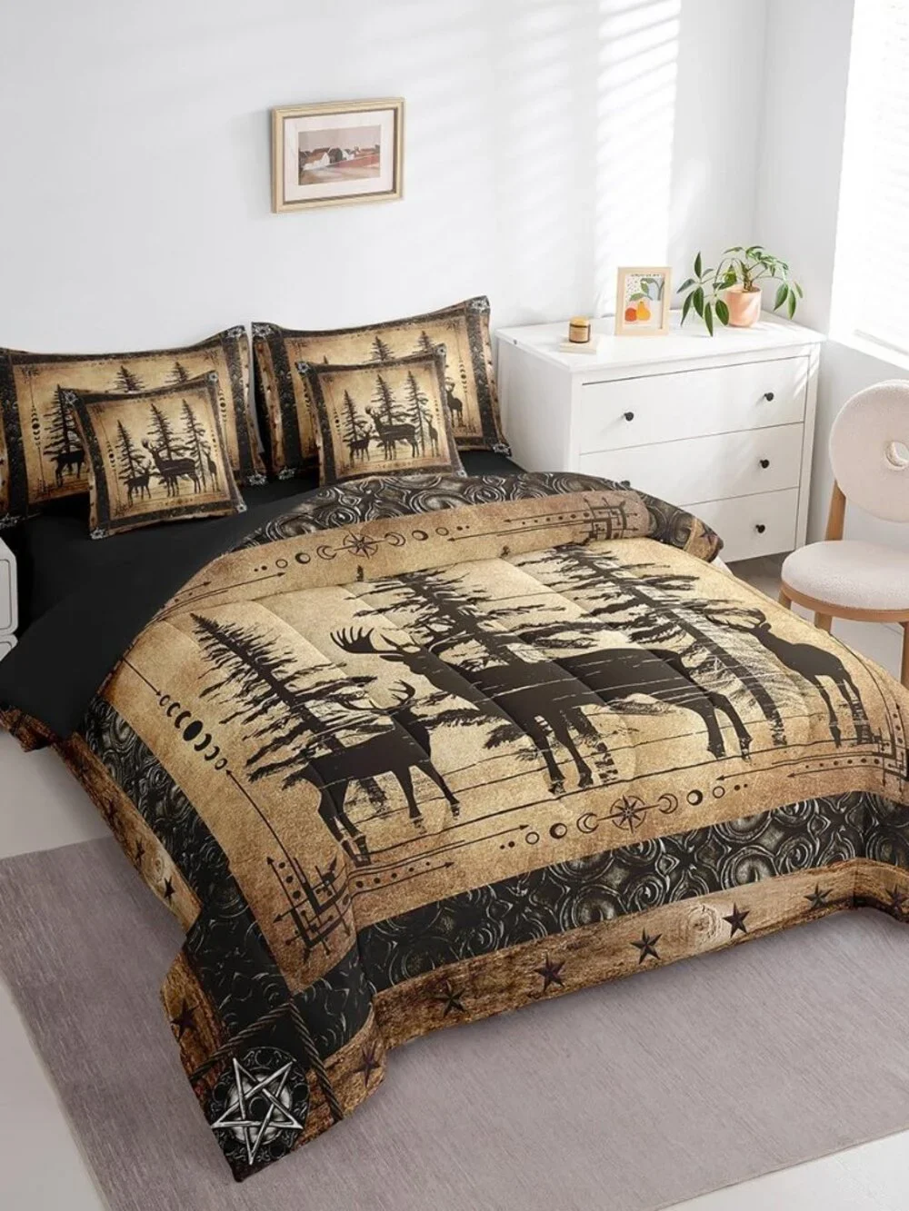 Rustic Deer Comforter Set 7 Piece Farmhouse Cabin Bed in A Bag King Western Wood